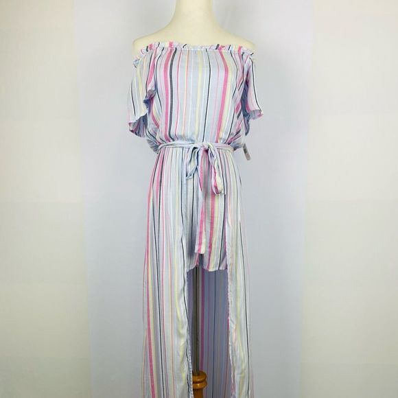 ☀️NWT MIDNIGHT DOLL Stripe Maxi Romper Off-the-Shoulder - Picture 7 of 16